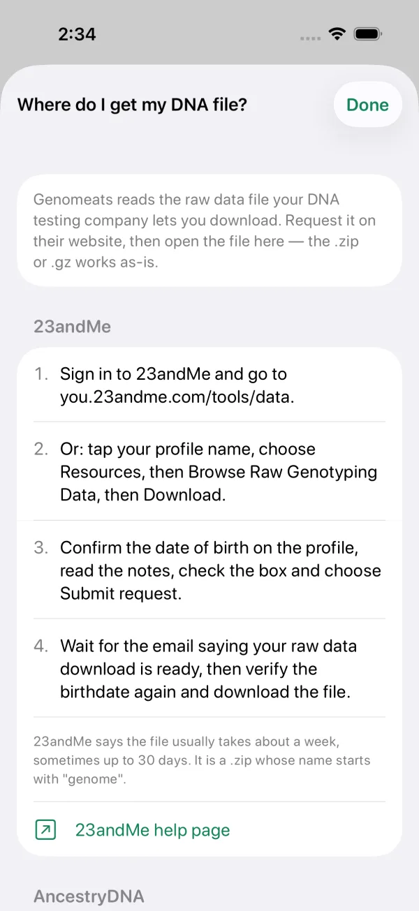 The in-app guide “Where do I get my DNA file?”, showing the 23andMe steps
